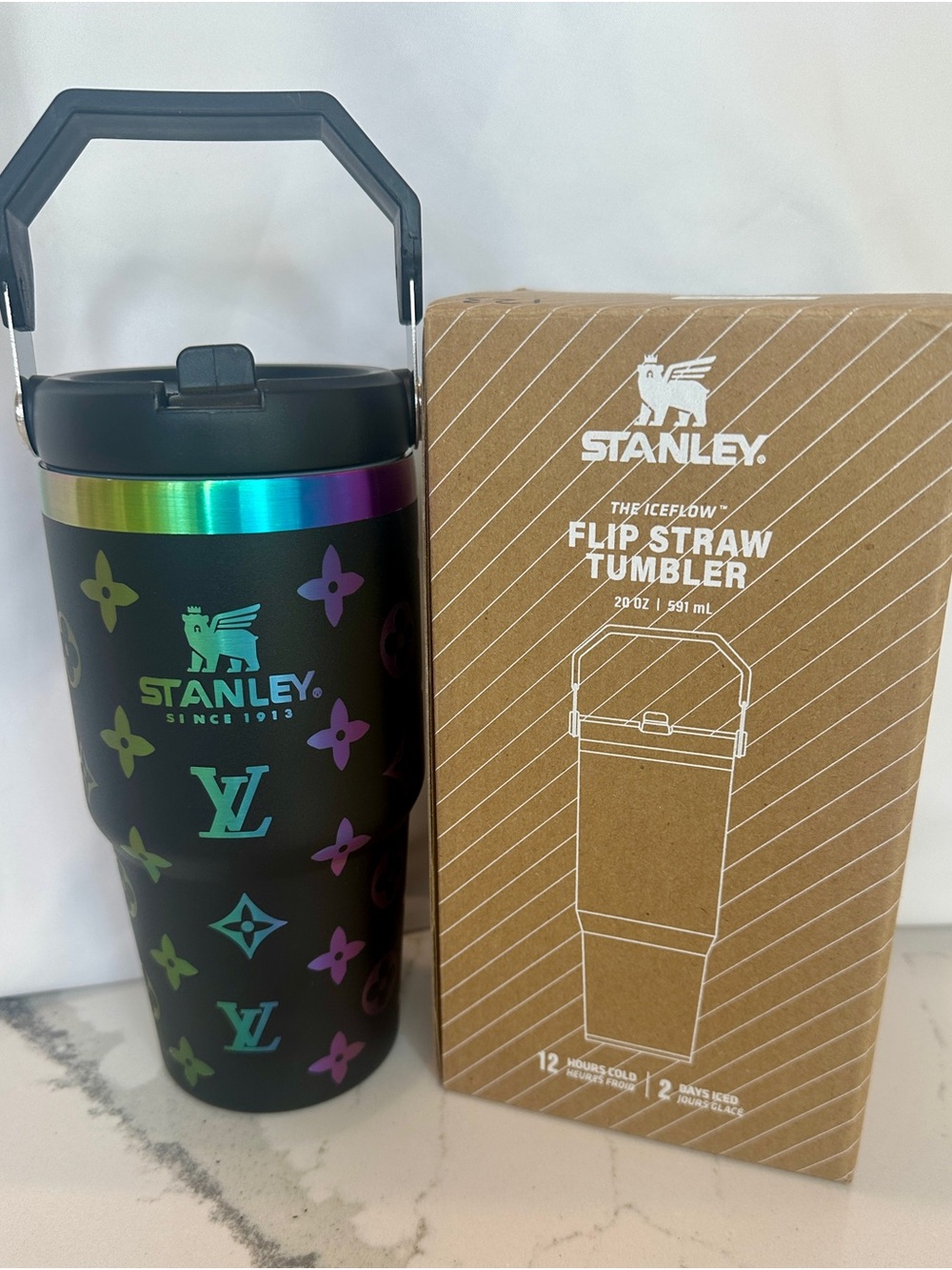 Stanley LV Style 20 oz Flip Straw Tumbler Black Oil Slick Rainbow